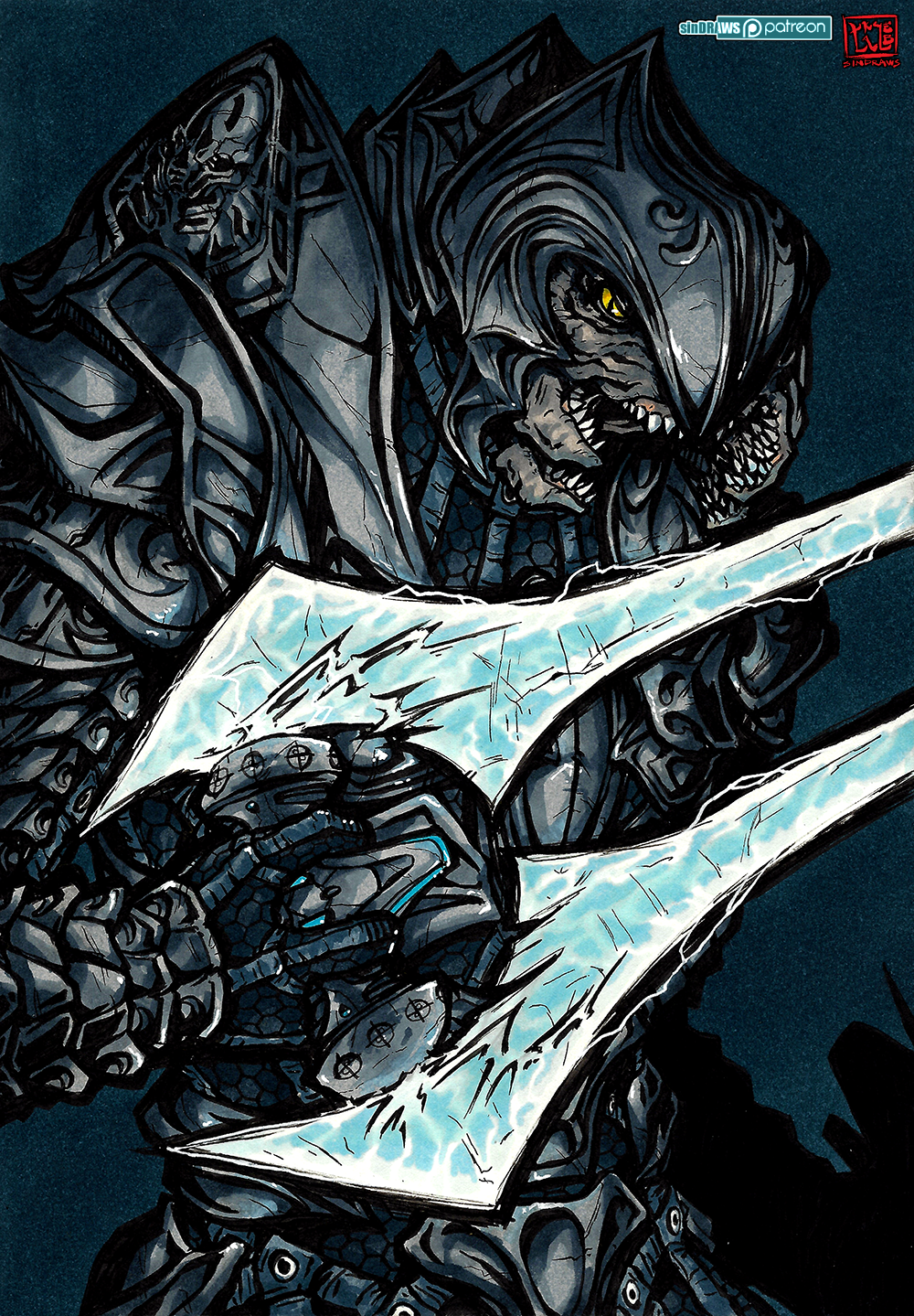 alien arbiter armor artist_name commentary energy_sword english_commentary halo_(game) halo_(series) halo_2 highres holding holding_sword holding_weapon looking_at_viewer looking_down no_humans open_mouth sindraws sword weapon yellow_eyes