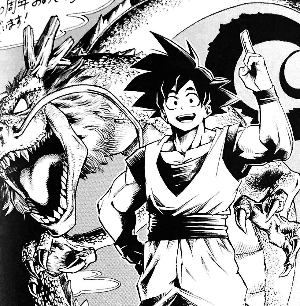 2boys black_hair dragon dragon_ball horikoshi_kouhei multiple_boys pointing shenlong shenron son_goku spiked_hair