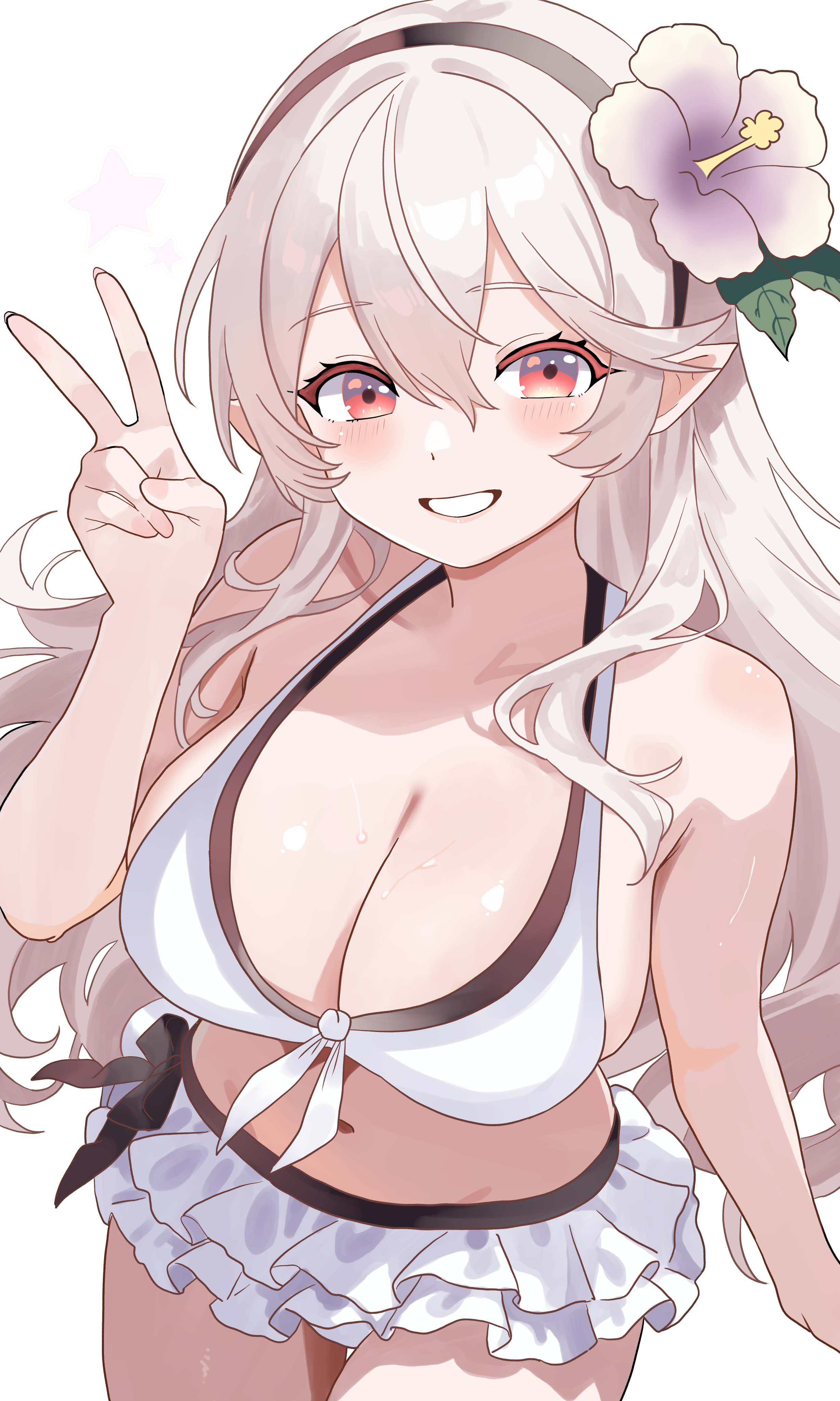 1girl absurdres bikini black_hairband blush breasts cleavage female_corrin_(fire_emblem) female_corrin_(novice_vacationer)_(fire_emblem) fire_emblem fire_emblem_fates fire_emblem_heroes flower grey_hair hair_between_eyes hair_flower hair_ornament hairband highres large_breasts long_hair looking_at_viewer n_54 navel nintendo official_alternate_costume pointy_ears red_eyes sideboob skindentation smile solo sweat swimsuit transparent_background v white_bikini