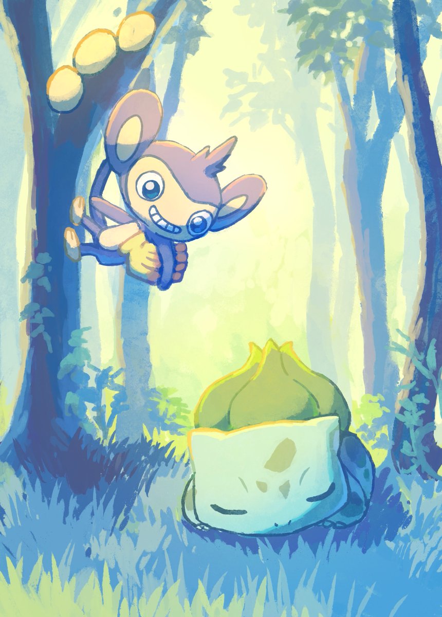 aipom animal_focus aruco_co banana bulbasaur closed_eyes colored_skin food forest fruit gen_1_pokemon gen_2_pokemon green_skin hanging_from_tree highres monkey nature nintendo no_humans on_grass pokemon pokemon_(creature) sleeping smile teeth tree