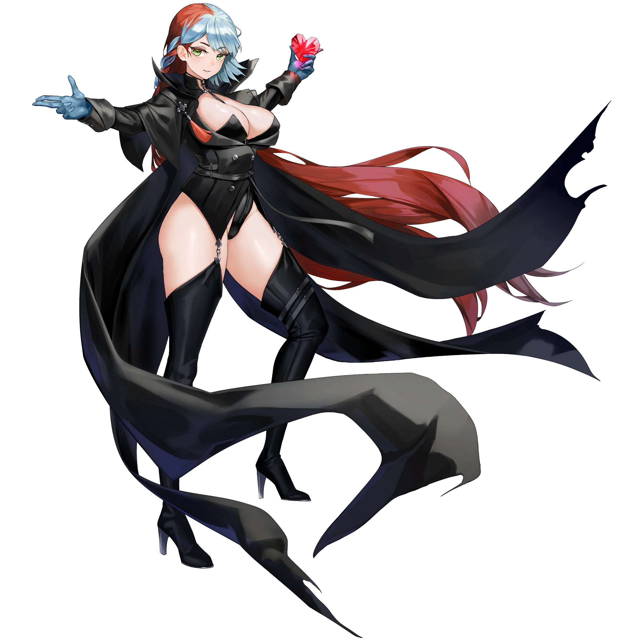 1girl belt between_breasts black_belt black_boots black_cape black_coat black_leotard black_pasties blue_gloves blue_hair bodysuit bodysuit_under_clothes boots braid breasts buttons cape cleavage coat d-log double-breasted framed_breasts full_body gem gloves green_eyes heart heart-shaped_gem high_collar high_heel_boots high_heels highres holding holding_gem knee_boots large_breasts last_origin leotard light_blue_hair light_smile long_hair looking_at_viewer multicolored_hair multiple_belts neodym official_alternate_costume official_art phantom_thief red_hair see-through_bodysuit see-through_clothes side_braid single_braid solo standing tachi-e thigh_belt thigh_strap torn_cape torn_clothes transparent_background two-tone_hair very_long_hair