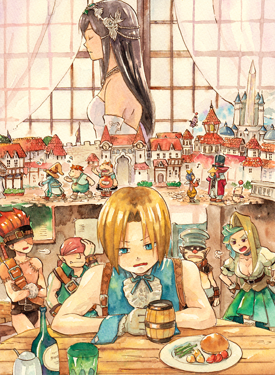 black_hair blank_(ff9) breasts cinna_(ff9) commentary_request deboo eiko_carol final_fantasy final_fantasy_ix garnet_til_alexandros_xvii long_hair marcus_(ff9) moogle multiple_boys multiple_girls painting_(medium) ruby_(ff9) traditional_media vivi_ornitier watercolor_(medium) zidane_tribal