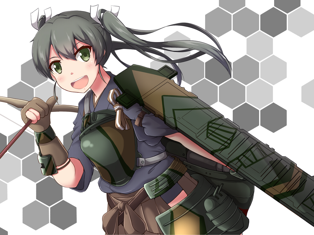 10s 1girl black_hair bow_(weapon) female_focus flight_deck green_eyes hachimaki hair_ribbon hakama hakama_short_skirt hakama_skirt headband holding honeycomb_(pattern) honeycomb_background honeycomb_pattern japanese_clothes kantai_collection long_hair looking_at_viewer machinery muneate pointing pointing_at_self ribbon skirt smile solo thumbs_up twintails weapon yukimi_unagi zuikaku_(kancolle) zuikaku_kai_ni_(kancolle)