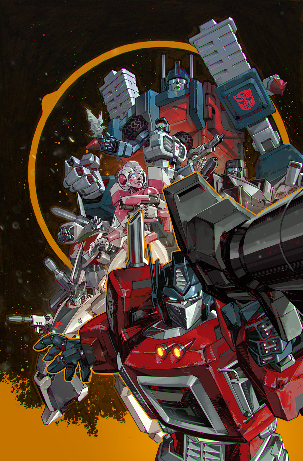 arcee assault_visor autobot beachcomber_(transformers) blue_eyes comic_cover commentary cover_image english_commentary gun highres holding holding_gun holding_weapon jazz_(transformers) kael_ngu looking_up mecha no_humans official_art open_hand optimus_prime robot science_fiction trailbreaker transformers transformers_(skybound) ultra_magnus weapon wheeljack