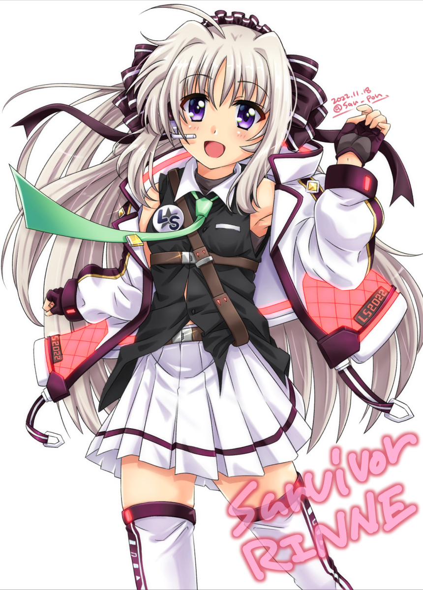 1girl armpits artist_name black_gloves blue_eyes blush breasts dated fingerless_gloves gloves hair_ribbon highres long_hair looking_at_viewer lyrical_nanoha lyrical_store miniskirt open_mouth pleated_skirt ribbon rinne_berlinetta san-pon simple_background skirt small_breasts smile solo thighhighs vivid_strike! white_background white_hair white_skirt white_thighhighs