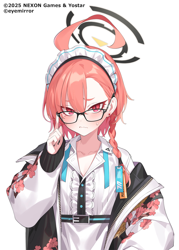 1girl adjusting_eyewear ahoge apron aqua_necktie bespectacled black-framed_eyewear black_halo black_nails blue_archive blush bomber_jacket braid collared_shirt delinquent earrings finger_on_eyewear floral_print_jacket glasses halo jacket jewelry looking_at_viewer maid maid_headdress mole mole_under_eye necktie neru_(blue_archive) official_art orange_hair popqn promotional_art red_eyes ribbon shirt side_braid solo sweat thick_eyebrows thick_eyelashes undone_necktie unhappy zipper