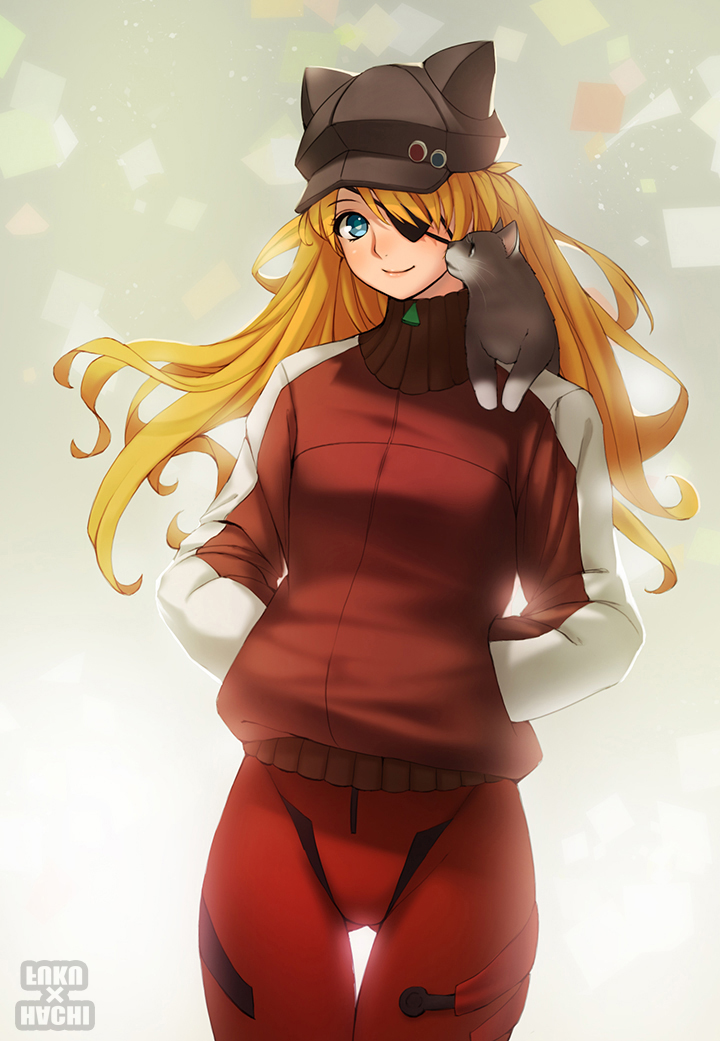 1girl animal_hat bad_id bad_pixiv_id blonde_hair blue_eyes cat cat_hat delant eyepatch female_focus gradient_background hachifuku hands_in_pockets hat jacket long_hair mecha_pilot_suit neon_genesis_evangelion plugsuit_(evangelion) rebuild_of_evangelion smile solo souryuu_asuka_langley track_jacket
