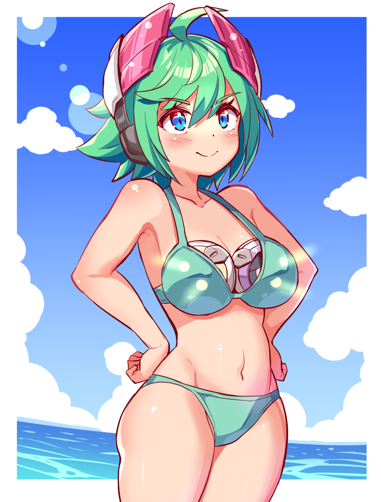 1girl azure_striker_gunvolt azure_striker_gunvolt_2 bare_shoulders beach bikini blue_eyes blush border breast_padding breasts cougar_(cougar1404) cowboy_shot green_bikini green_hair headgear ocean roro_(gunvolt) short_hair small_breasts solo sunlight swimsuit white_border