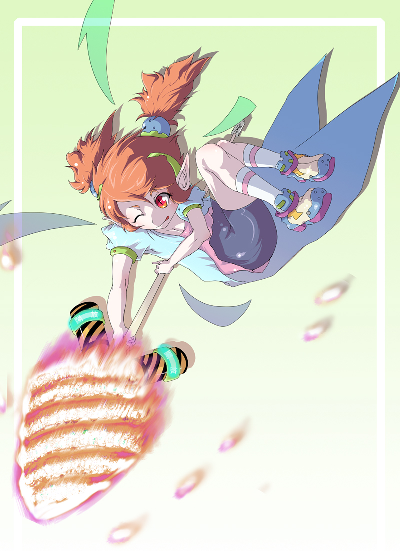 1girl bike_shorts cape ce-tan drias drill fairy female_focus fire one_eye_closed orange_hair os-tan pointy_ears red_eyes slit_pupils solo tongue twintails wings