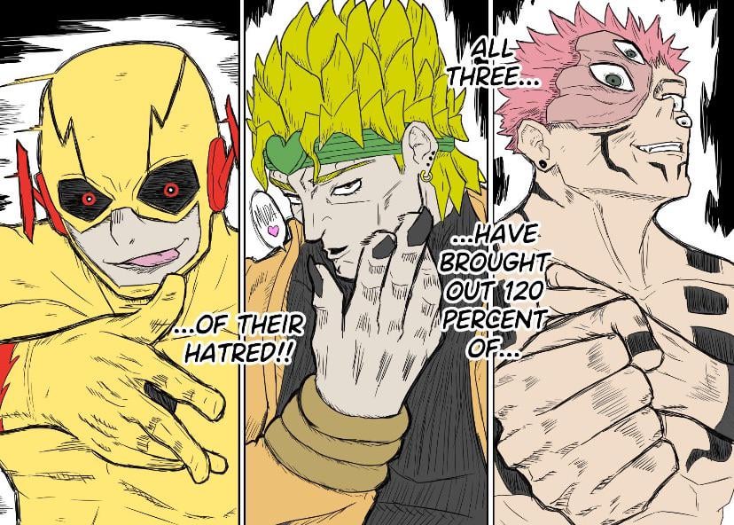 blonde_hair blowing_kiss comic_panel_redraw dc_comics derivative_work dio_brando diobutfemale english_text eobard_thawne extra_eyes green_eyes jojo_no_kimyou_na_bouken jujutsu_kaisen kiss meme muscular muscular_male pink_hair professor_zoom red_eyes reverse_flash ryoumen_sukuna_(jujutsu_kaisen) ryoumen_sukuna_(true_form)_(jujutsu_kaisen) sharp_teeth tattoo teeth tongue tongue_out