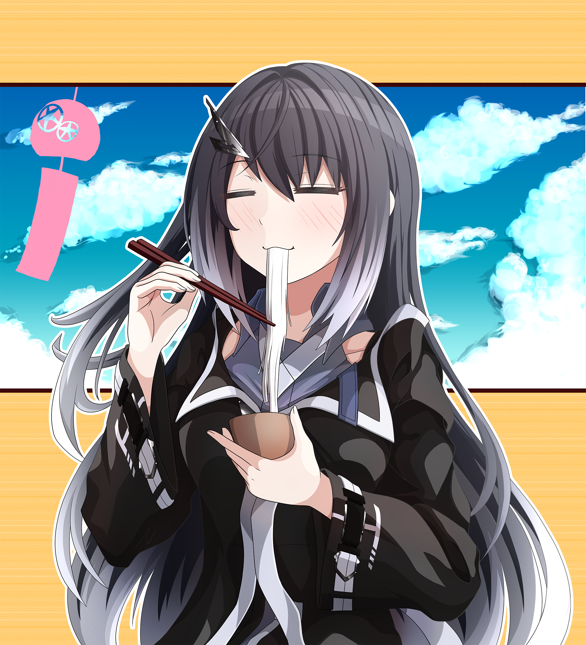 1girl :3 =_= black_coat black_hair blue_sky blush border bowl chopsticks cloud cloudy_sky coat coefont collared_shirt commentary_request eating food gradient_hair grey_shirt hair_ornament hands_up highres holding holding_bowl holding_chopsticks kakuhitsu_no_kosoado_vx long_hair long_sleeves millial_(coefont) multicolored_hair noodles one_side_up outline outside_border shirt sidelocks sky solo soumen upper_body white_hair white_outline wide_sleeves wind_chime yellow_border