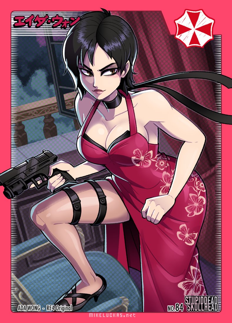 1girl ada_wong asian black_hair bob_cut choker dress gun handgun holding holding_gun holding_weapon holster mike_luckas red_dress red_lips resident_evil resident_evil_4 smile weapon