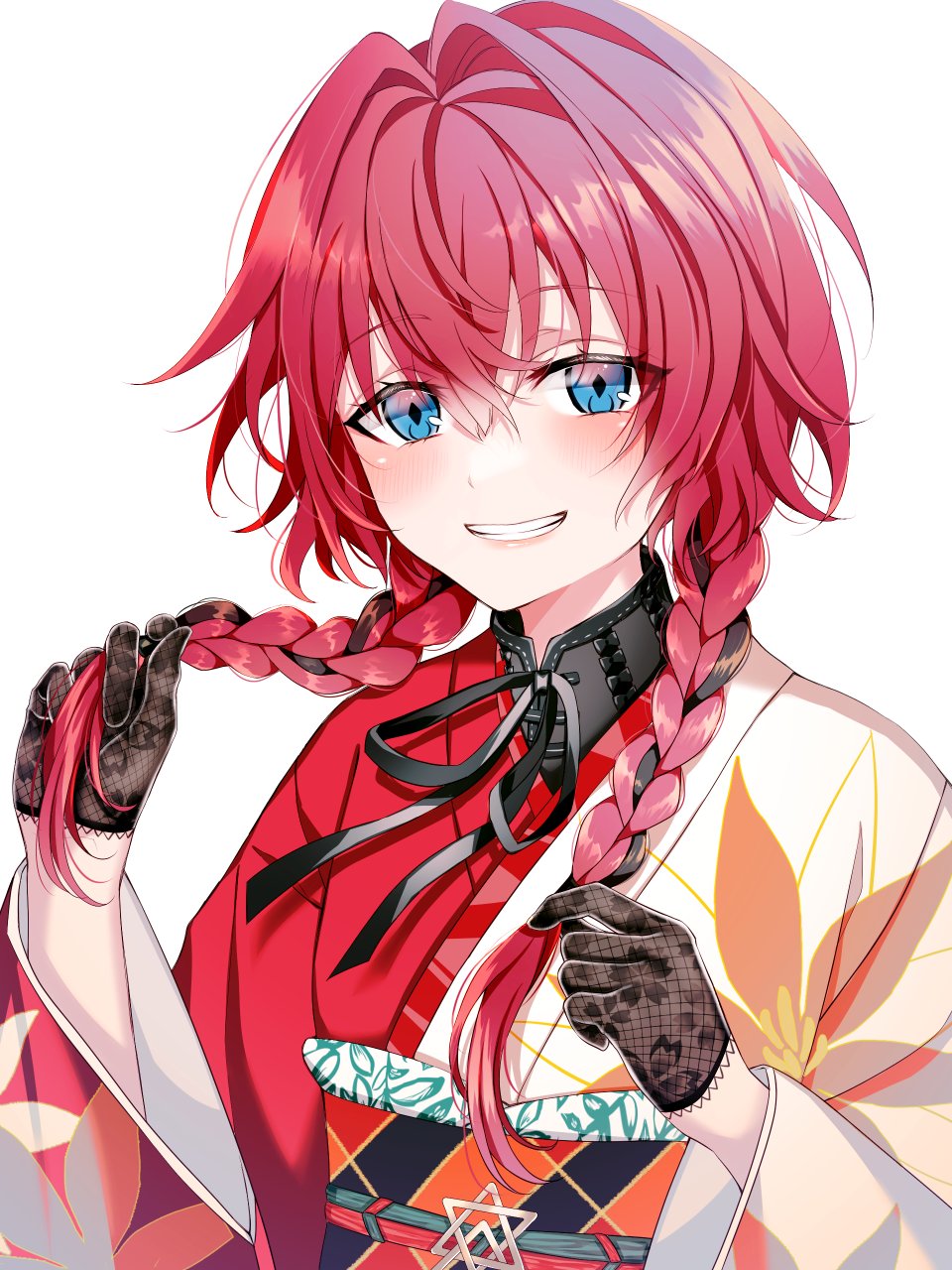 1girl ange_katrina ange_katrina_(new_year) black_gloves black_hair black_sash blue_eyes blush commentary_request flat_chest floral_print floral_print_gloves floral_print_kimono gloves grin hair_between_eyes hair_intakes hair_over_shoulder hands_up highres holding holding_own_hair japanese_clothes kimono lace lace_gloves late_0110 long_bangs long_hair long_sleeves looking_at_viewer multicolored_hair multicolored_sash nijisanji obi obiage obijime orange_sash print_kimono red_hair red_kimono red_sash sash simple_background smile solo streaked_hair three_quarter_view two-tone_hair upper_body virtual_youtuber white_background white_kimono