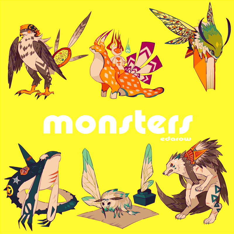 animal animalization bird book bug clothed_animal commentary coyote creature dreamcatcher edarow english_commentary english_text full_body hawk hawk_moth holding holding_book inkwell insect moth native_american no_humans orca original sea_angel sea_slug simple_background yellow_background