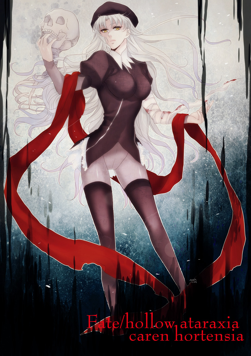 1girl bad_id bad_pixiv_id caren_hortensia fate/hollow_ataraxia fate_(series) female_focus hat jun_(ash) layered_sleeves long_hair pantyhose skull solo thighhighs thighhighs_over_pantyhose thighhighs_under_pantyhose white_hair yellow_eyes