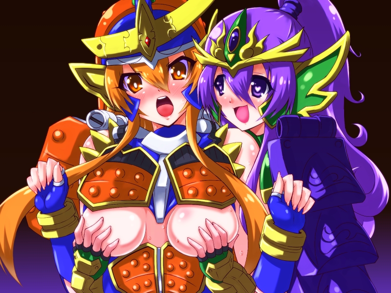 2girls armor blush breasts fingerless_gloves gekoge_satoru gloves grabbing_another&#039;s_breast groping heart heart-shaped_pupils helmet kamen_rider kamen_rider_gaim kamen_rider_gaim_(series) kamen_rider_ryugen long_hair multiple_girls open_mouth orange_eyes orange_hair ponytail purple_eyes purple_hair rider-tan sidelocks smile symbol-shaped_pupils upper_body yuri