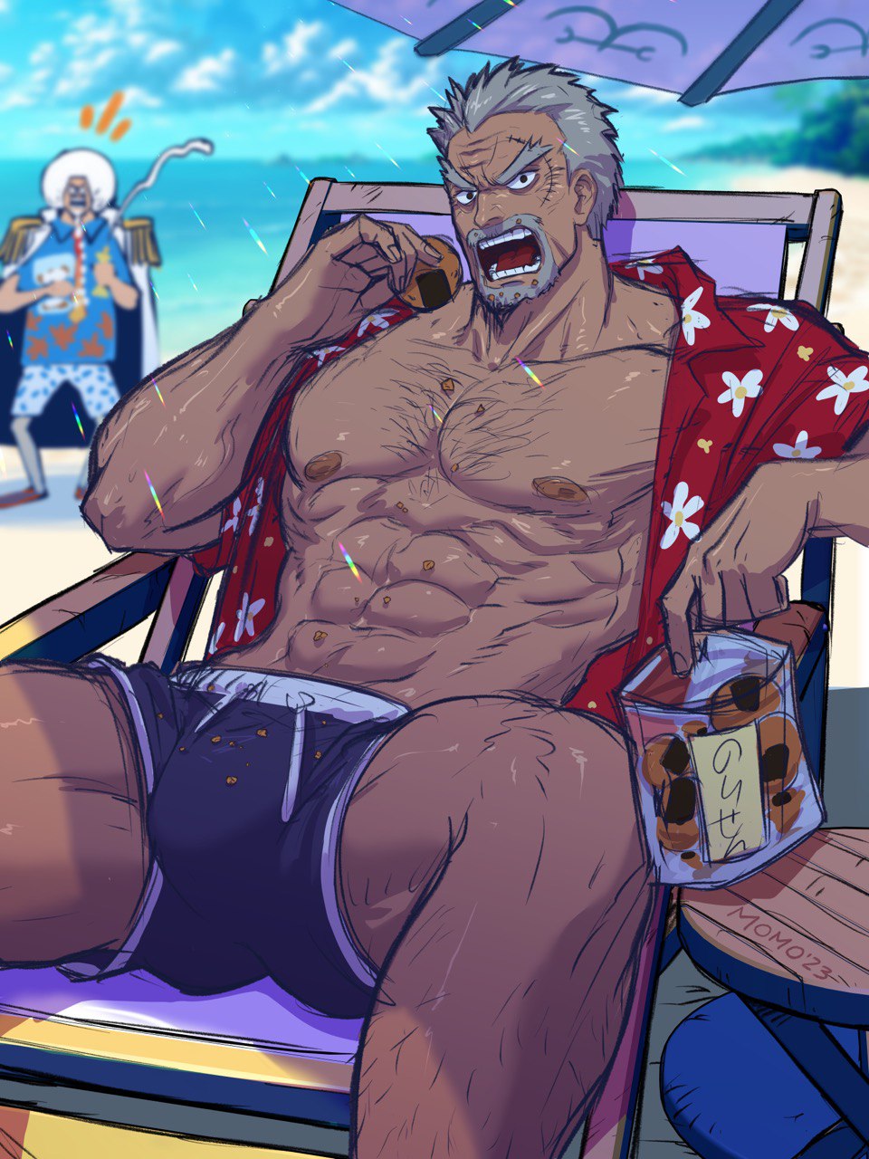 2boys abs artist_name bara bare_pectorals beach beach_chair black_eyes black_male_swimwear blue_sky blurry blurry_background bulge chest_hair cloud dark-skinned_male dark_skin eating feet_out_of_frame floral_print food grey_hair highres looking_at_viewer male_focus male_swimwear manlymomo mature_male monkey_d._garp motion_lines multiple_boys muscular muscular_male nipples notice_lines ocean old old_man one_piece onigiri open_clothes open_mouth open_shirt pectorals red_shirt scar scar_on_face sengoku_(one_piece) shirt short_hair sky swim_trunks table teeth umbrella