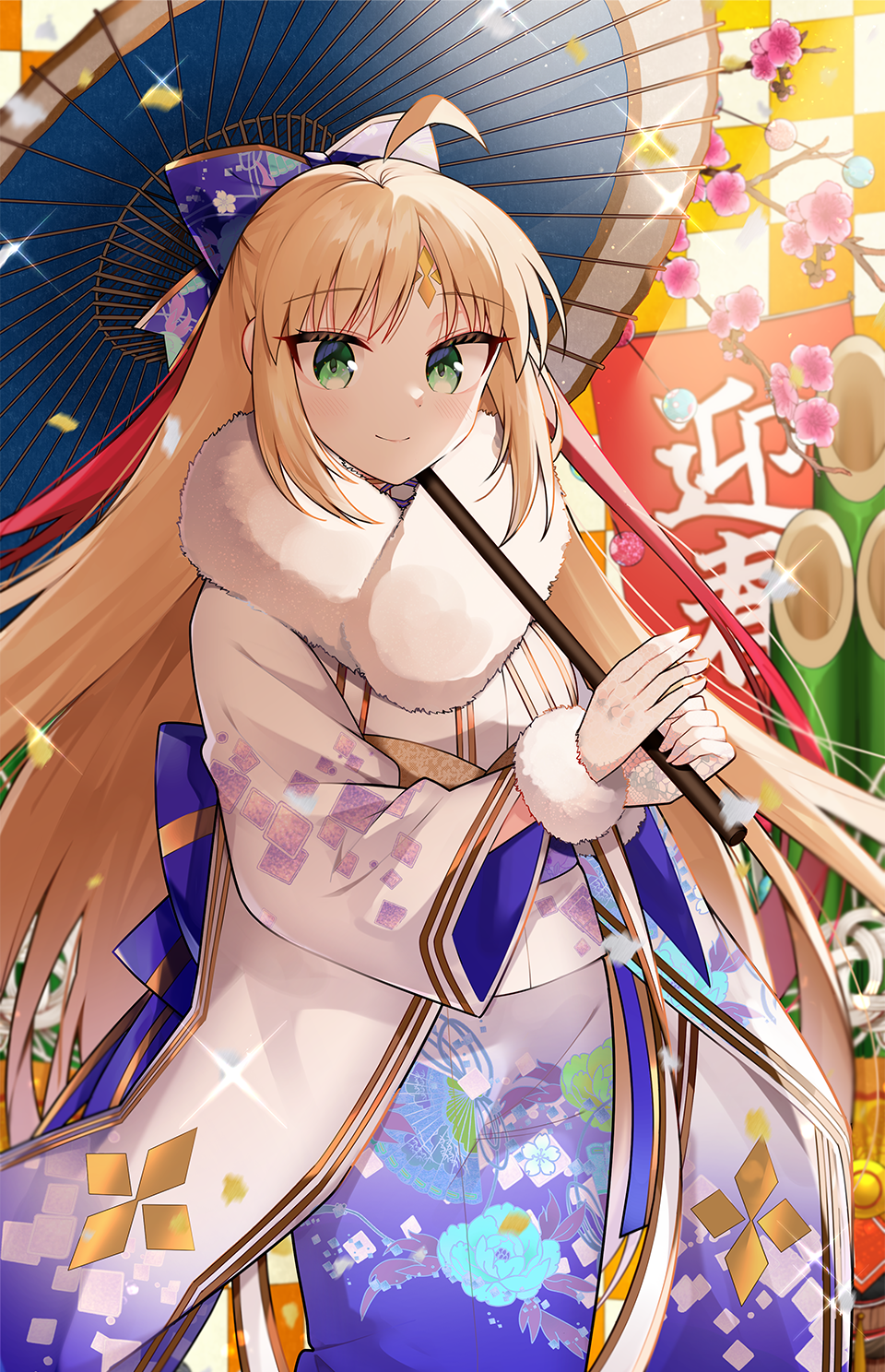 1girl ahoge artoria_caster_(fate) artoria_caster_(third_ascension)_(fate) artoria_pendragon_(fate) bamboo blonde_hair bow craft_essence_(fate) facial_mark fate/grand_order fate_(series) forehead_mark green_eyes hair_bow hamazi_aki highres holding holding_umbrella japanese_clothes kimono long_hair new_year official_alternate_costume official_art oil-paper_umbrella sidelocks smile umbrella very_long_hair white_kimono