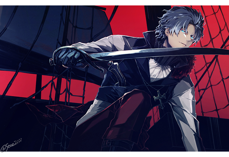 1boy bartholomew_roberts_(fate) black_pants black_vest blue_eyes cross cross_necklace fate/grand_order fate_(series) holding holding_sword holding_weapon jewelry letterboxed looking_at_viewer male_focus necklace pants pirate_ship red_sky sei_8220 shirt signature sky solo sword vest weapon white_shirt