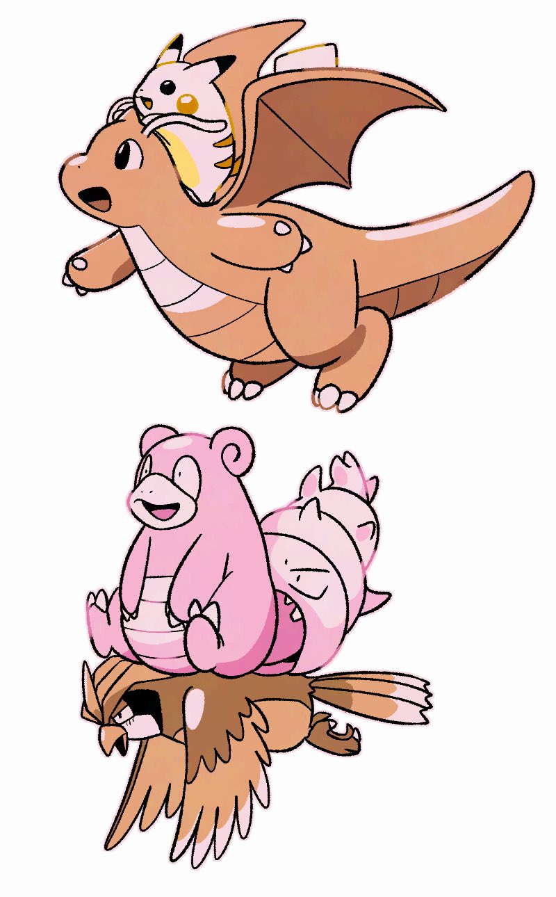 :d bird claws dragonite gen_1_pokemon highres nintendo no_humans open_mouth pidgeot pikachu pokemon pokemon_(creature) pokemon_focus riding riding_pokemon simple_background sitting slowbro smile tongue tyako_089 white_background
