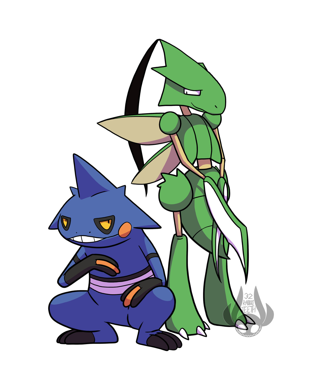 1boy 1girl 32rabbitteeth black_hair black_star blue_skin colored_sclera colored_skin croagunk crossover gen_1_pokemon gen_4_pokemon highres insect_wings nakatsukasa_tsubaki nintendo pokemon pokemon_(creature) ponytail scyther simple_background smile soul_eater teeth white_background wings yellow_sclera