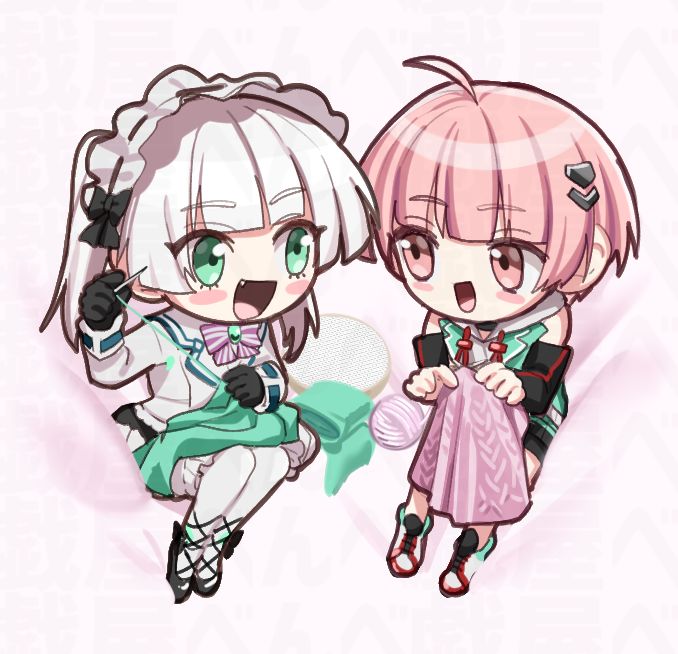2girls ahoge benbe blunt_bangs bow bowtie chibi fang frilled_hairband frills green_eyes hairband heaven_burns_red knitting multiple_girls needle ooshima_minori purple_bow red_eyes red_hair sewing_needle shirt short_hair skirt sugawara_chie twintails vest white_hair yarn yarn_ball