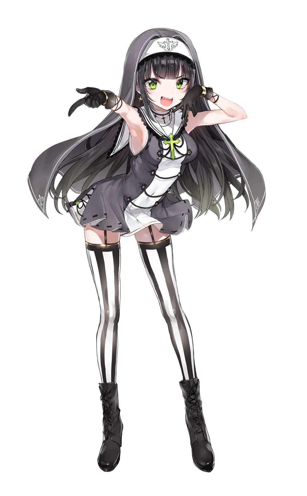 1girl armpits black_boots black_gloves black_hair boots bracelet breasts commentary cross cross_earrings dress earrings fangs female_focus full_body garter_straps gloves green_eyes habit hands_up highres hirado_motoe jewelry long_hair looking_at_viewer medium_breasts nekometaru official_art onsen_musume open_mouth short_dress simple_background sleeveless smile solo standing striped_clothes striped_thighhighs thighhighs turtleneck vertical-striped_clothes vertical-striped_thighhighs white_background zettai_ryouiki