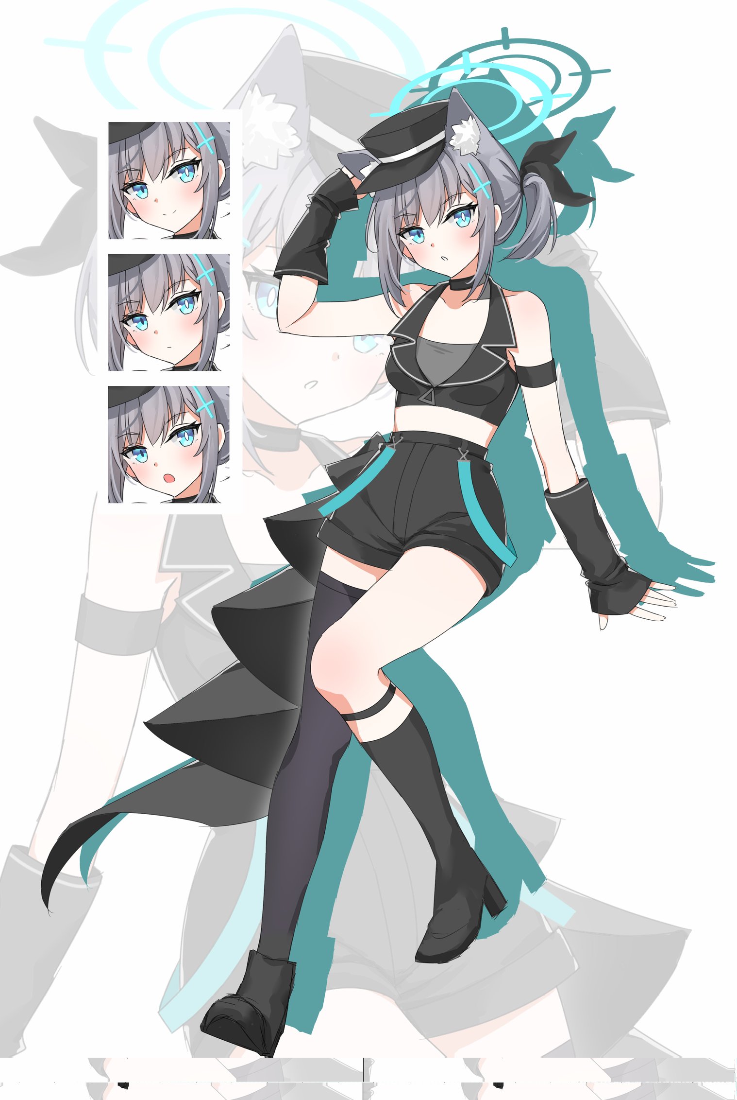 1girl :o animal_ear_fluff animal_ears arm_at_side arm_strap asymmetrical_legwear bare_shoulders black_boots black_choker black_hat black_shorts black_socks black_thighhighs black_vest blue_archive blue_eyes blue_halo blush boots bright_pupils choker closed_mouth commentary_request cosplay cross_hair_ornament drop_shadow expressionless extra_ears full_body hair_between_eyes hair_ornament halo hand_up hat highres kneehighs knees_together_feet_apart looking_at_viewer medium_hair midriff mismatched_legwear mismatched_pupils multiple_expressions nori6272210 open_mouth parted_lips peaked_cap ponytail serika_(blue_archive) serika_(blue_archive)_(cosplay) serika_(idol)_(blue_archive) shiroko_(blue_archive) shorts sidelocks single_sock single_thighhigh smile socks solo thighhighs vest white_pupils wolf_ears wolf_girl zettai_ryouiki zoom_layer