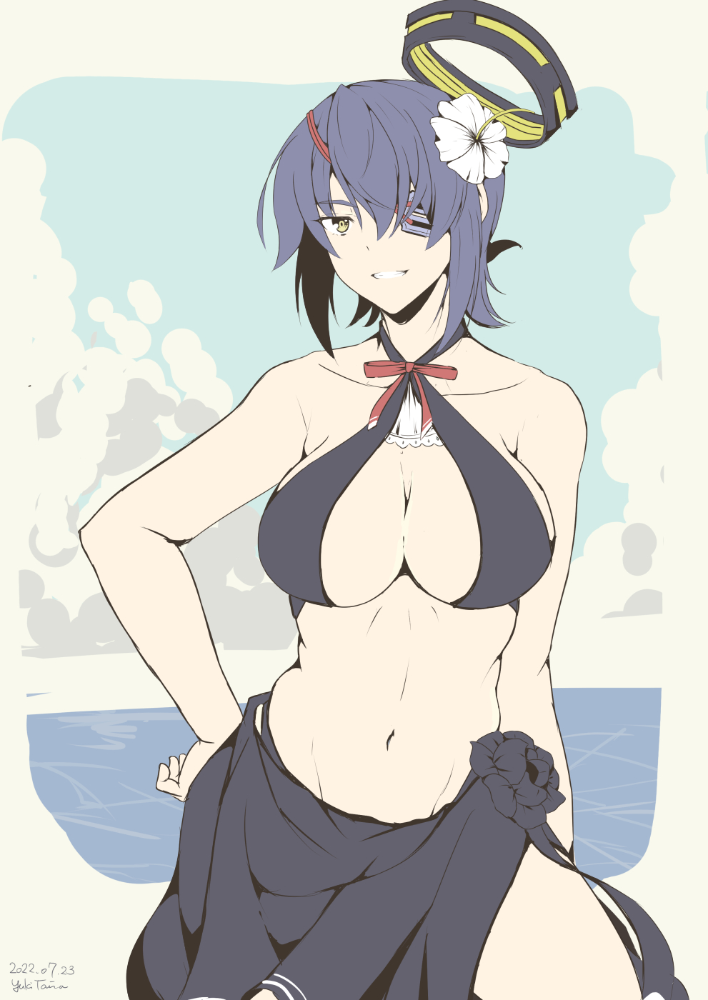 1girl bikini black_bikini black_sarong breasts cleavage cosplay eyepatch flower hair_flower hair_ornament halo highres kantai_collection large_breasts mechanical_halo navel purple_hair sarong short_hair solo swimsuit taira_yuuki tatsuta_(kancolle) tatsuta_(kancolle)_(cosplay) tatsuta_(swimsuit)_(kancolle) tenryuu_(kancolle) white_flower yellow_eyes