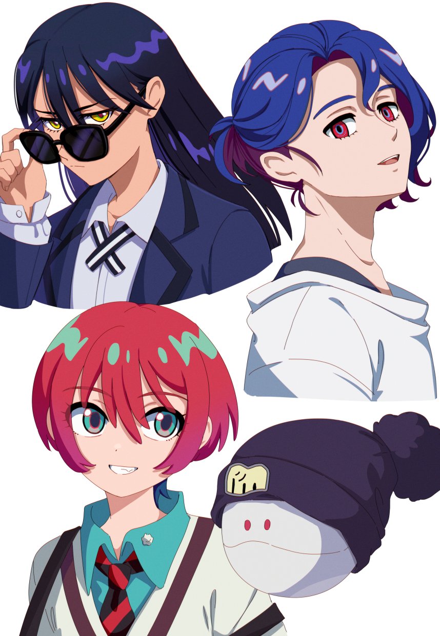 1boy 2girls amate_yuzuriha aqua_eyes black_hair blue_eyes enelous gundam gundam_gquuuuuux haro hat highres holding jacket long_hair long_sleeves looking_at_viewer multicolored_hair multiple_girls nyaan red_eyes red_hair school_uniform short_hair shuji_ito skirt smile sunglasses sweater upper_body