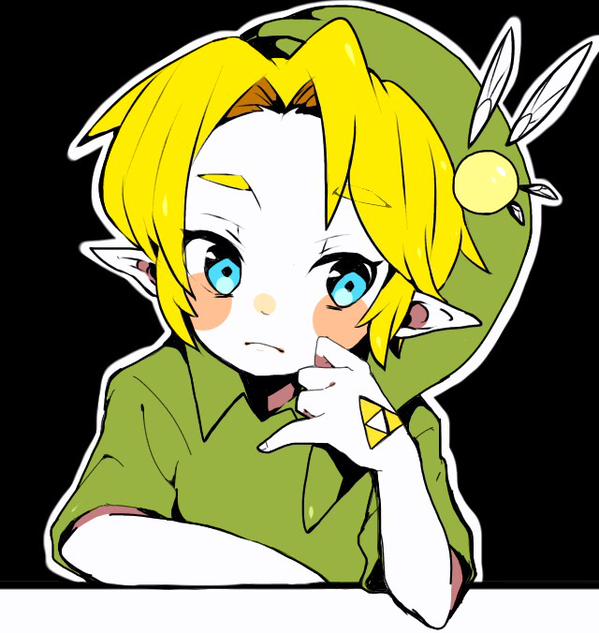 1boy blonde_hair blue_eyes fairy green_hat green_tunic hat holding link nintendo pointy_ears repikinoko short_hair smile tatl the_legend_of_zelda the_legend_of_zelda:_majora&#039;s_mask tunic wings young_link