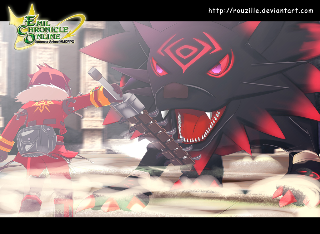 androgynous blademaster emil_chronicle_online gender_request hellking monster red_hair standing sword weapon