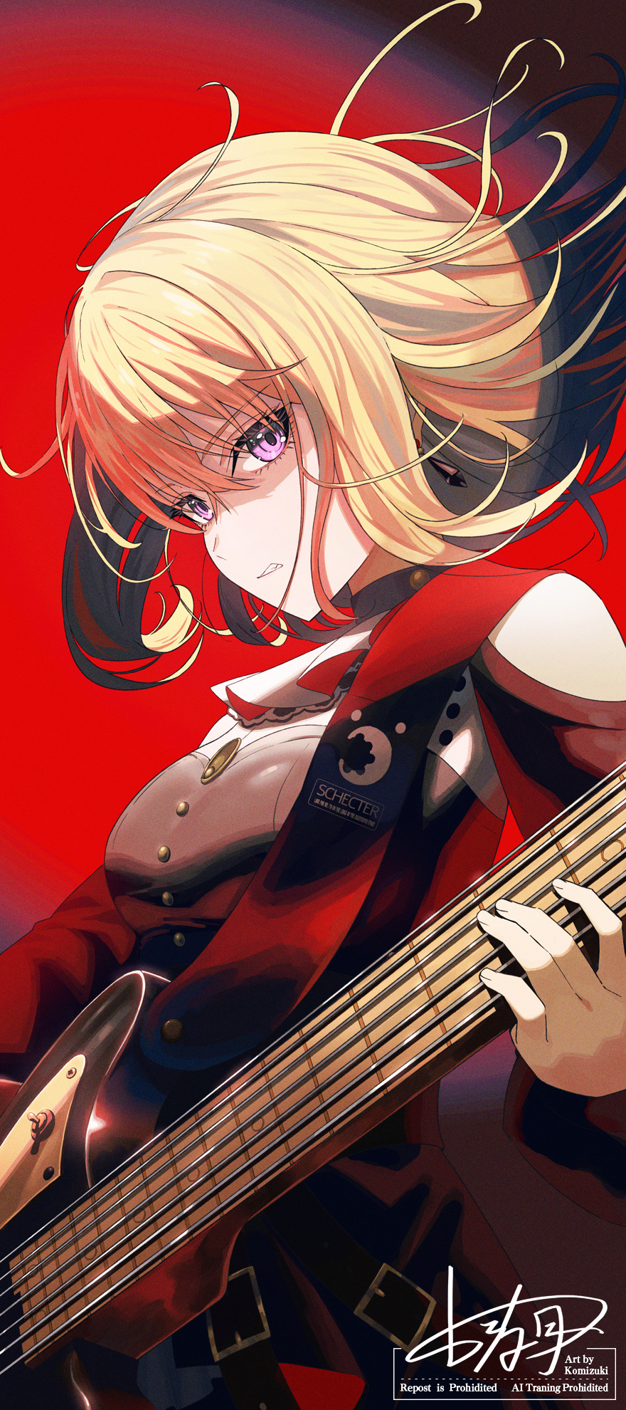 1girl 7-string_guitar bang_dream! bang_dream!_it&#039;s_mygo!!!!! black_dress blonde_hair clenched_teeth clothing_cutout commentary doloris_(bang_dream!) dress earrings electric_guitar extended_range_guitar floating_hair guitar guitar_strap hair_between_eyes highres instrument jewelry kao_(bang_dream!) koh_rd medium_hair misumi_uika schecter_guitar shoulder_cutout solo teeth typo
