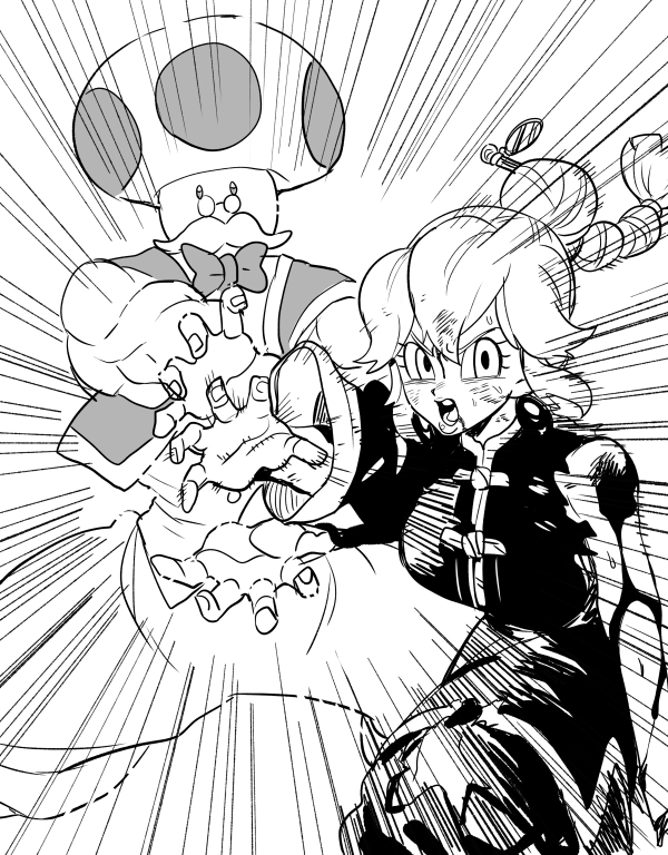 1boy 1girl baggy_pants blood bow bowtie braid braided_ponytail changpao chinese_clothes dragon_ball dragonball_z emphasis_lines facial_hair father-son_kamehameha glasses greyscale hair_ornament hair_stick kamehameha_(dragon_ball) kung_fu_peach mario_(series) monochrome muscular muscular_male mustache nanika_(nnkgh) nintendo official_alternate_hairstyle pants parody pince-nez princess_peach princess_peach:_showtime! sidelocks son_gohan son_goku toadsworth torn_clothes torn_sleeves vest