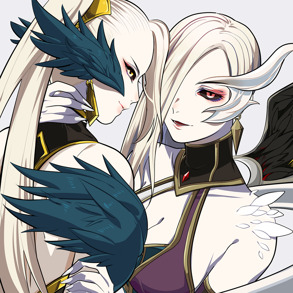 2girls bare_shoulders black_sclera blonde_hair breasts cleavage colored_sclera coven_morgana coven_zyra detached_sleeves earrings feathered_wings feathers hair_ornament hand_on_another&#039;s_neck hiyari_(hiyarilol) jewelry large_breasts league_of_legends long_hair looking_at_viewer lower_teeth_only morgana_(league_of_legends) multiple_girls nail_polish pale_skin ponytail profile red_eyes sideways_glance simple_background smile teeth upper_body white_nails wings yellow_eyes zyra