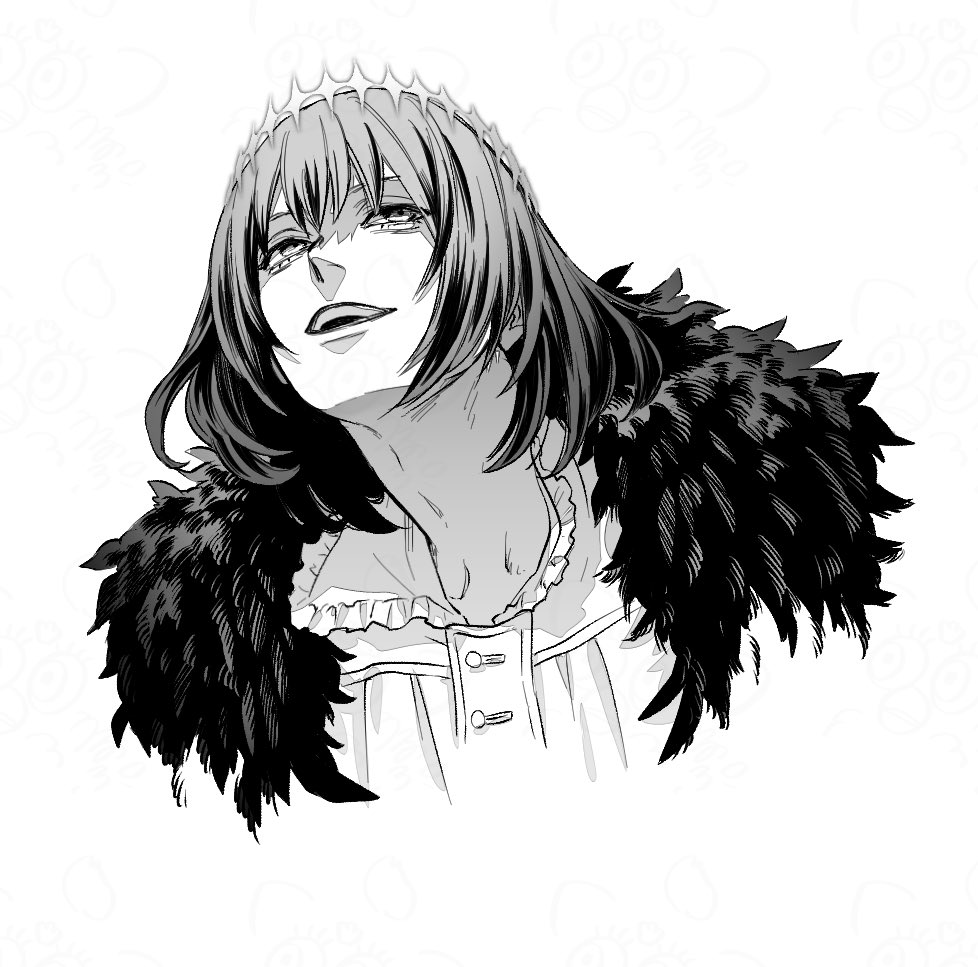 1boy collar commentary_request cropped_torso diamond_(shape) fate_(series) frilled_collar frills greyscale hair_between_eyes looking_up male_focus monochrome oberon_(fate) oberon_(third_ascension)_(fate) open_collar open_mouth shirt simple_background smile solo spoilers teeth upper_teeth_only urup_zzz white_background
