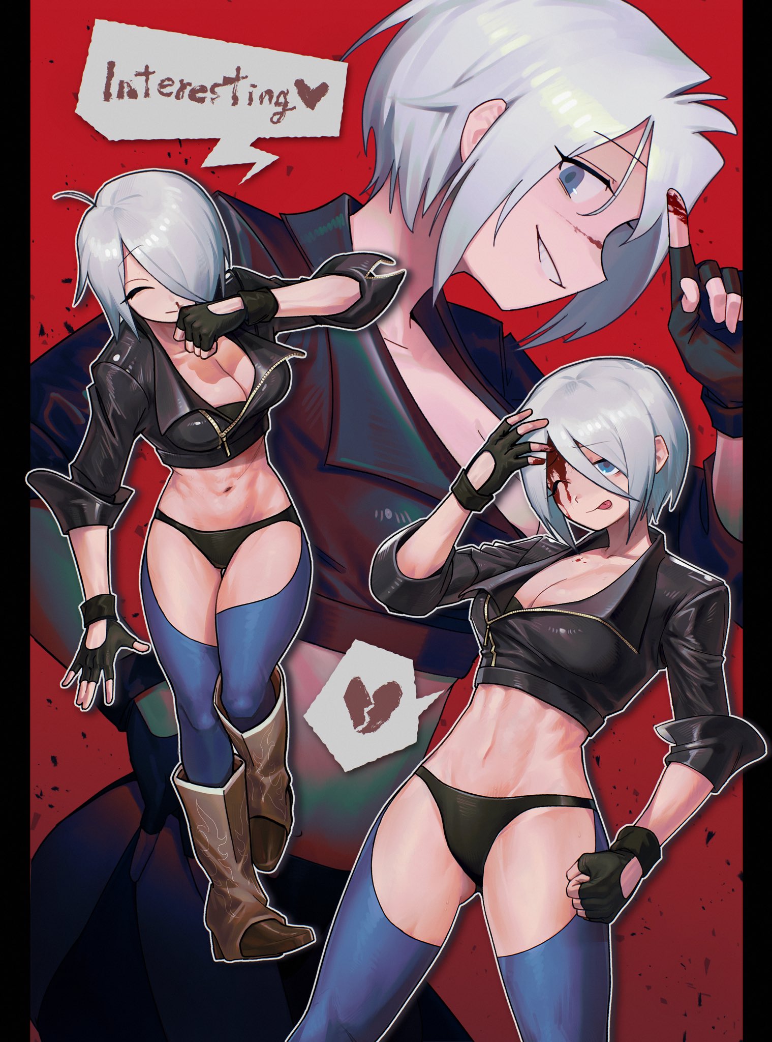1girl angel_(kof) backless_pants blue_eyes boots bra breasts chaps cleavage cowboy_boots crop_top cropped_jacket fingerless_gloves gloves hair_over_one_eye highres in_cident_ok jacket large_breasts leather leather_jacket looking_at_viewer midriff navel panties pants short_hair smile snk solo strapless strapless_bra the_king_of_fighters the_king_of_fighters_2001 toned toned_female underwear white_hair