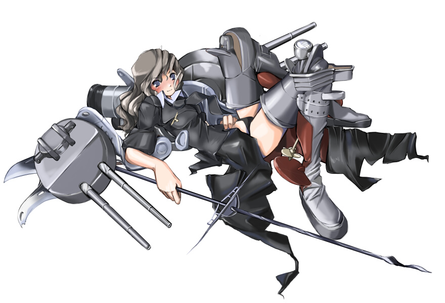1girl battleship black_panties blue_eyes boots female_focus imperial_german_navy kriegsmarine long_hair mecha_musume military military_vehicle nano_(nanosize) original panties polearm schlesien ship skirt solo spear underwear uniform warship watercraft weapon world_war_i world_war_ii