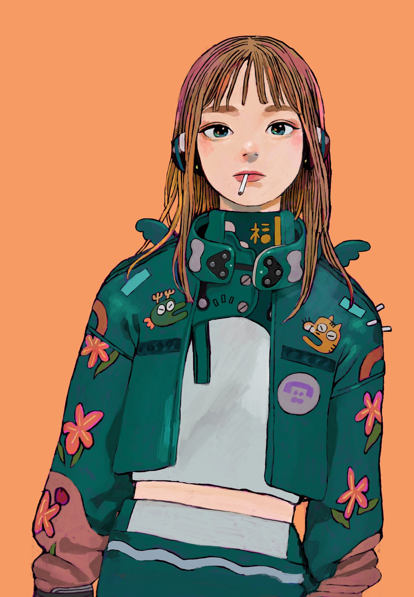 1girl blue_eyes brown_hair cigarette crop_top expressionless fake_wings floral_print headphones highres jacket junjunforever long_hair looking_at_viewer midriff_peek mouth_hold orange_background original skirt solo straight-on wings