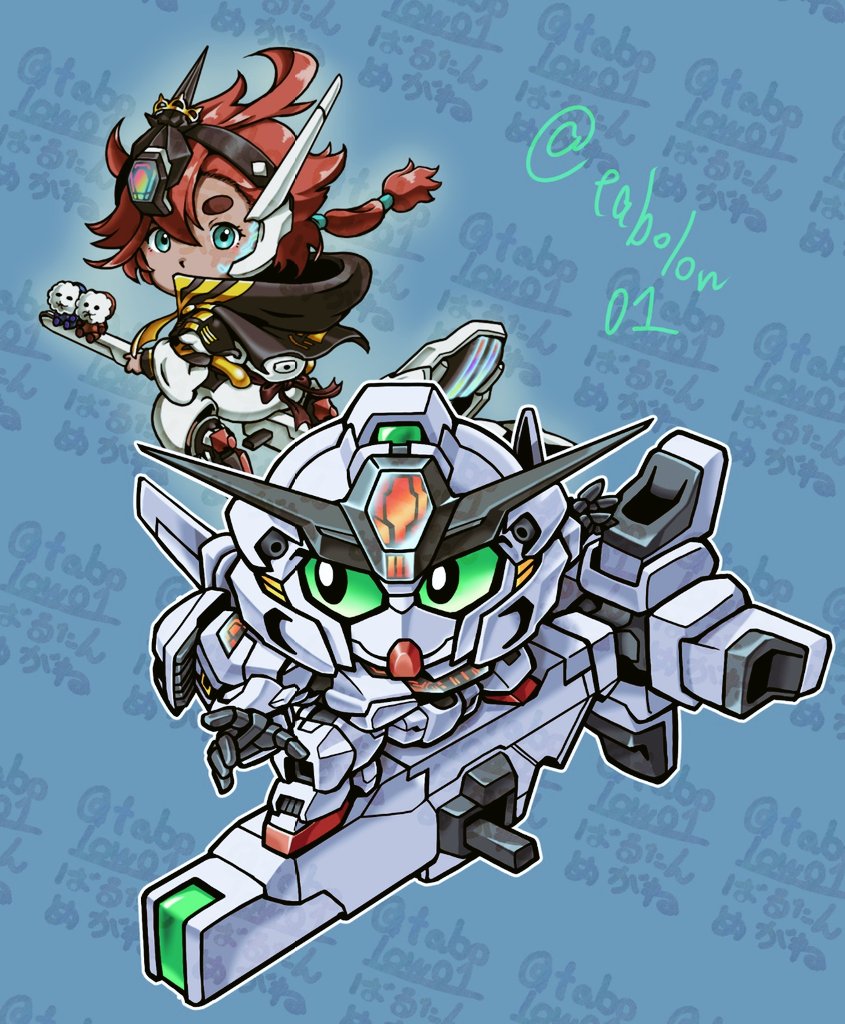 1girl adapted_costume aqua_background aqua_eyes asticassia_school_uniform barutan black_hairband chibi colored_sclera commentary_request cool_(gundam_suisei_no_majo) dark-skinned_female dark_skin facial_mark green_sclera gundam gundam_calibarn gundam_suisei_no_majo hairband hots_(gundam_suisei_no_majo) long_hair looking_at_viewer low-tied_long_hair low_ponytail mecha mechanical_broom mobile_suit ponytail red_hair robot school_uniform sd_gundam suletta_mercury thick_eyebrows twitter_username v-fin witch