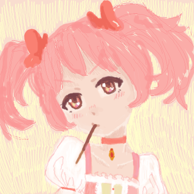 1girl blush collar collarbone commentary drawfag dress english_commentary food furrowed_brow hair_ribbon head_tilt kaname_madoka kaname_madoka_(magical_girl) looking_at_viewer lowres magical_girl mahou_shoujo_madoka_magica mouth_hold pink_collar pink_eyes pink_hair pink_ribbon pocky puffy_short_sleeves puffy_sleeves ribbon short_sleeves short_twintails solo soul_gem tareme tegaki twintails white_dress yellow_background