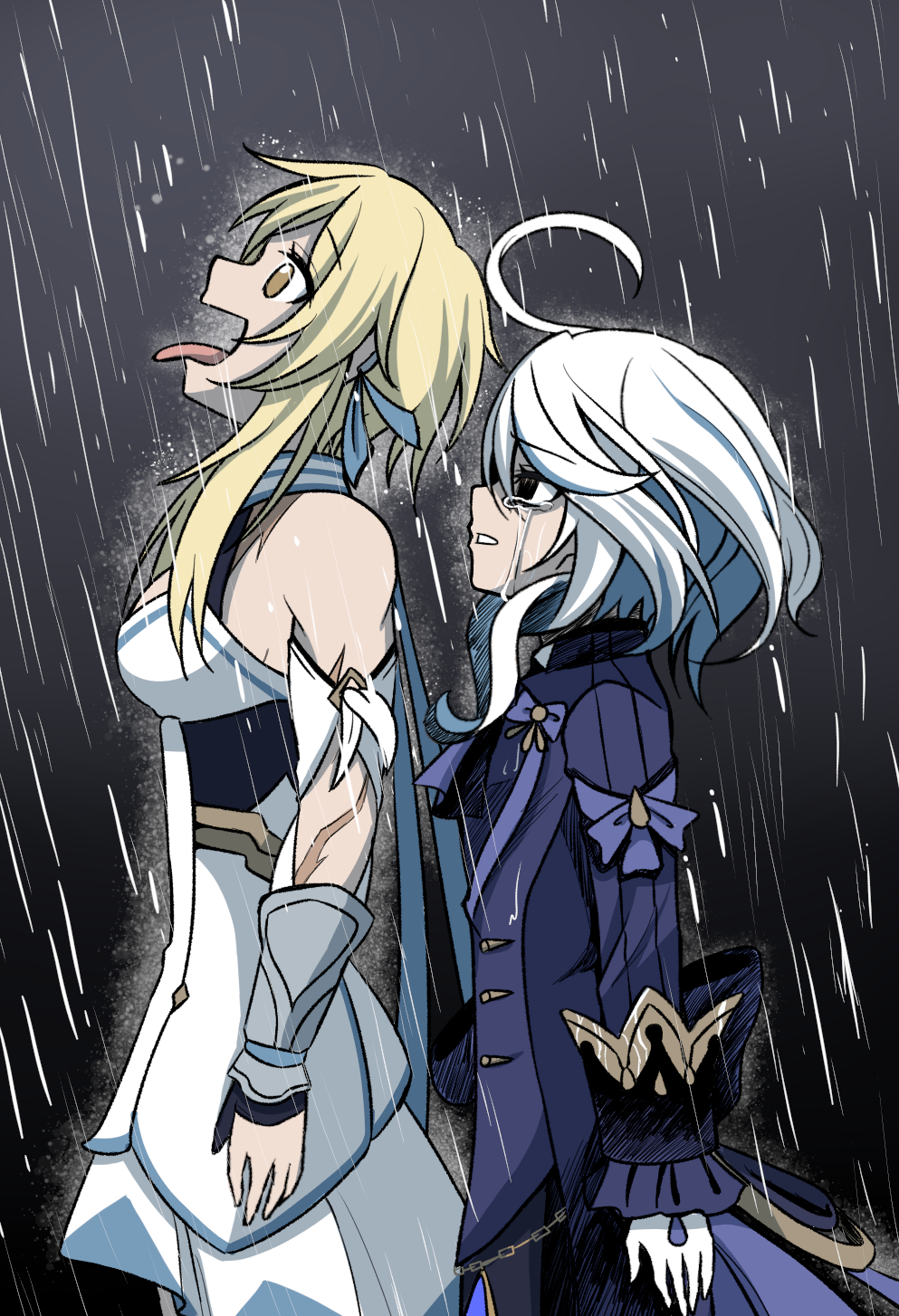 ahoge blonde_hair breasts crying crying_with_eyes_open drinking furina_(genshin_impact) genshin_impact gloves goku_and_vegeta_in_the_rain_(meme) highres lumine_(genshin_impact) medium_breasts muscular muscular_arms muscular_female scar scars_all_over shaded_face tears too_many white_hair yukiart_83