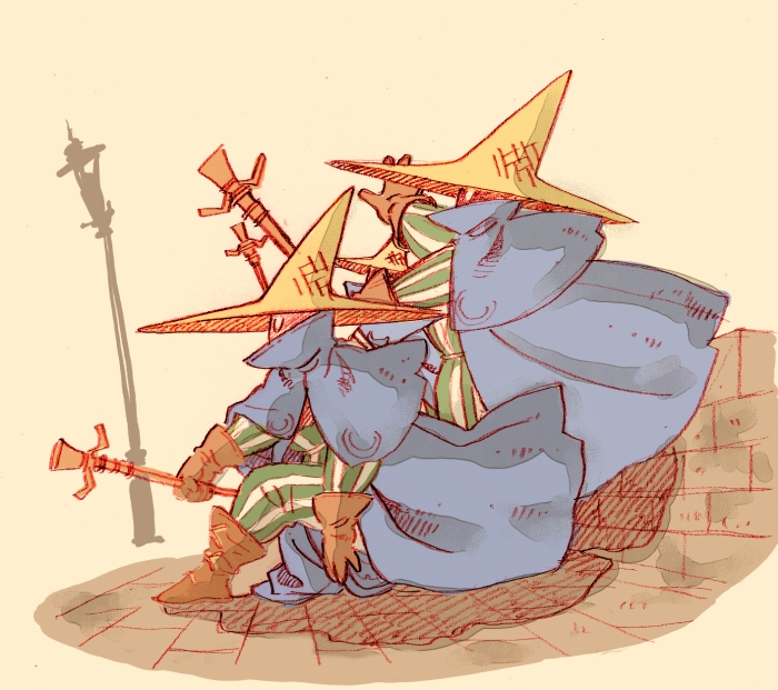 2others against_wall black_mage black_mage_(fft) black_mage_(final_fantasy) blue_cloak boots brown_boots brown_gloves cloak final_fantasy final_fantasy_tactics gloves hat holding holding_staff lamppost multiple_others polynyak_seduide simple_background staff striped_jumpsuit witch_hat