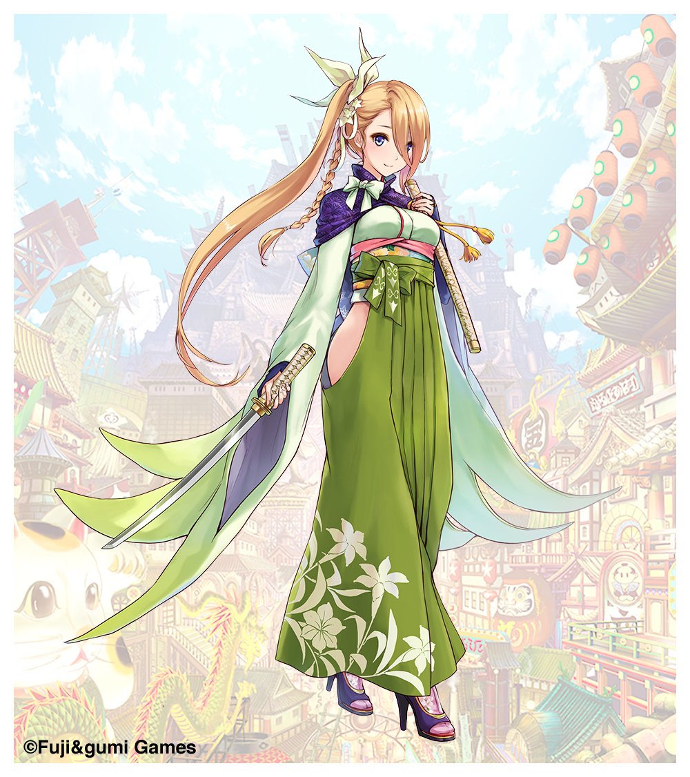 1girl blonde_hair blue_eyes blurry blurry_background braid closed_mouth commentary_request company_name full_body green_kimono green_skirt hair_behind_ear hair_ornament hakama hakama_skirt high_heels holding holding_sword holding_weapon japanese_clothes katana kimono long_hair long_skirt looking_at_viewer obi official_art one_side_up phantom_of_the_kill sash second-party_source shinobi_nightmare skirt smile solo standing sword weapon yuri_(shinobi_nightmare)
