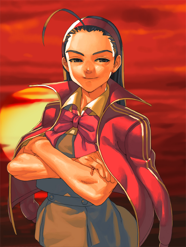 1girl ahoge black_hair capcom female_focus hairband iinchou_(justice_gakuen) justice_gakuen solo takoyaki_neko-san