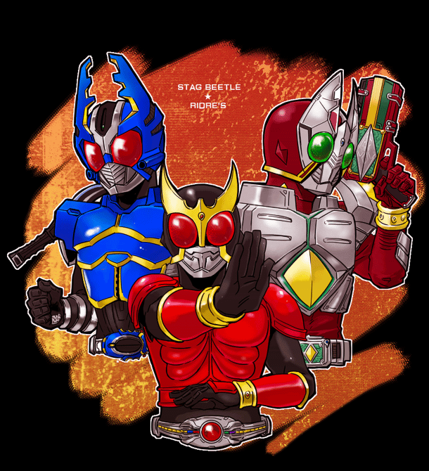 3boys belt gun horns kamen_rider kamen_rider_blade_(series) kamen_rider_garren kamen_rider_gatack kamen_rider_kabuto_(series) kamen_rider_kuuga kamen_rider_kuuga_(series) male_focus moi multiple_boys trait_connection weapon