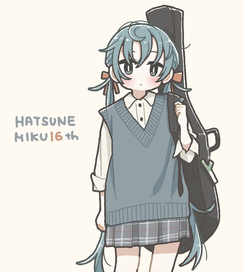1girl alternate_costume birthday blue_hair buttons character_name closed_mouth collared_shirt cowboy_shot east_sha2 expressionless grey_eyes grey_skirt grey_sweater_vest guitar_case hair_ribbon hatsune_miku holding_strap instrument_case long_hair looking_at_viewer miniskirt plaid pleated_skirt red_ribbon ribbon school_uniform shirt simple_background skirt sleeves_rolled_up solo standing sweater_vest twintails very_long_hair vocaloid white_background white_shirt