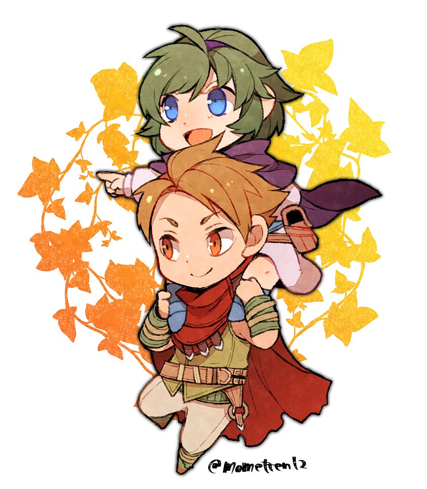 1boy 1girl belt_pouch brown_eyes brown_hair cape carrying_over_shoulder fire_emblem fire_emblem:_the_blazing_blade green_hair hairband mametten matthew_(fire_emblem) nino_(fire_emblem) nintendo pouch purple_cape purple_hairband short_hair sitting_on_shoulder smile