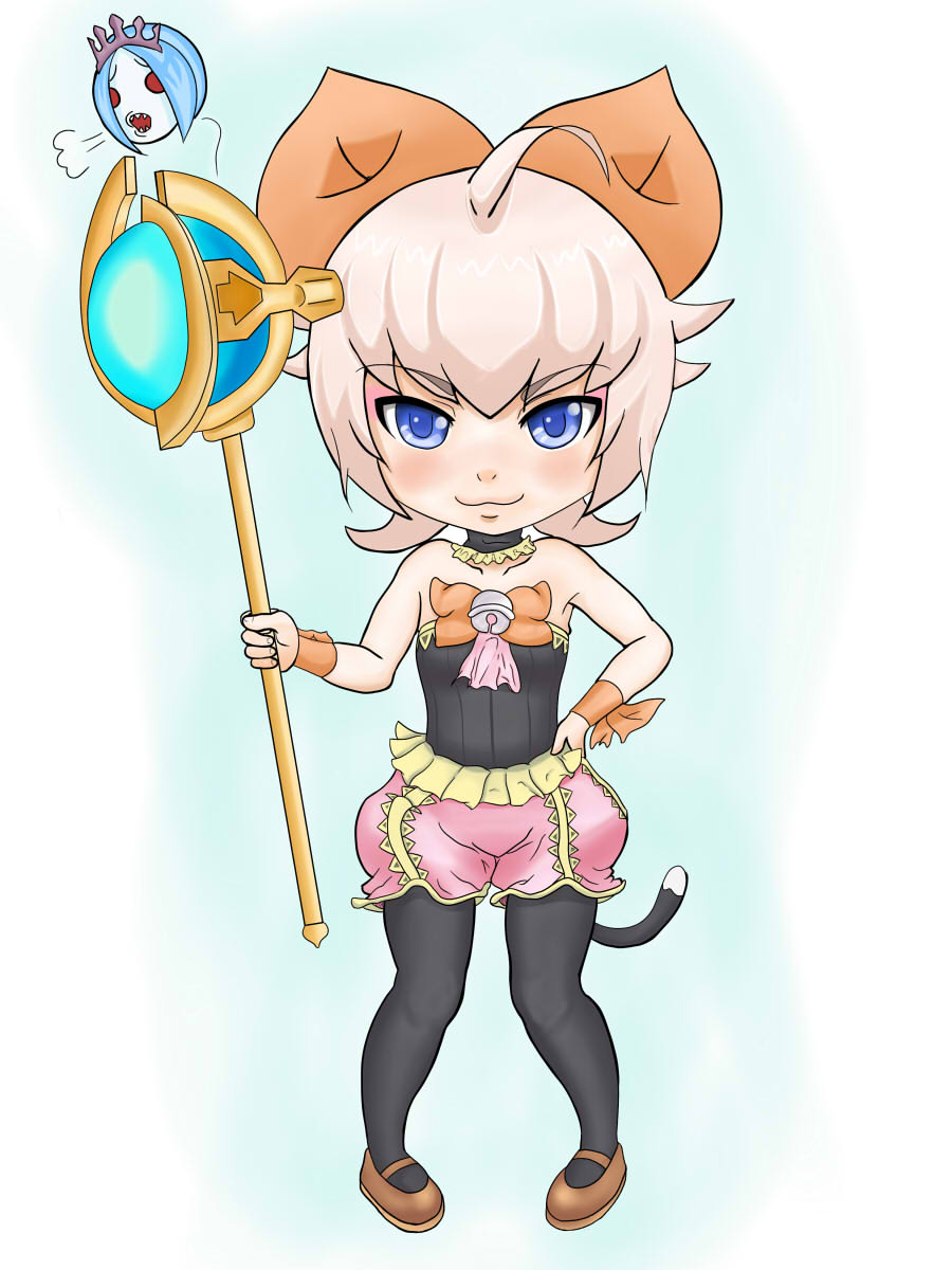 1girl :3 bad_id bad_pixiv_id bell blue_eyes cat_tail celeb chibi choker female_focus final_fantasy final_fantasy_crystal_chronicles final_fantasy_crystal_chronicles:_echoes_of_time highres ichitan o&amp;x pantyhose pigeon-toed pink_hair sherlotta solo staff tail