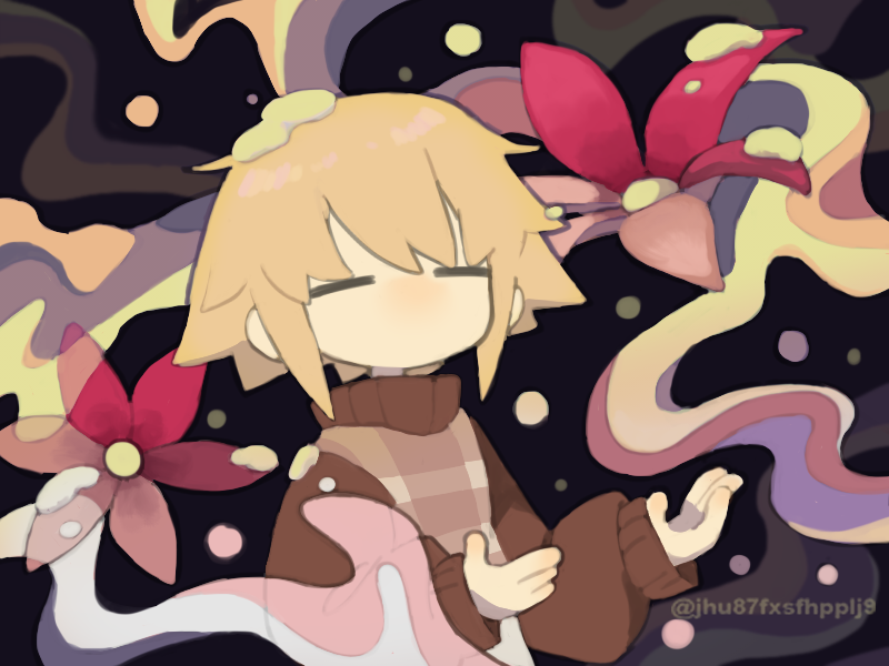 1girl black_background blonde_hair brown_sweater closed_eyes flower grey_sweater_vest hair_flaps long_sleeves no_mouth no_nose red_flower regurusu_(nagarevosi) short_hair solo sweater sweater_vest turtleneck turtleneck_sweater twitter_username upper_body urotsuki yume_2kki